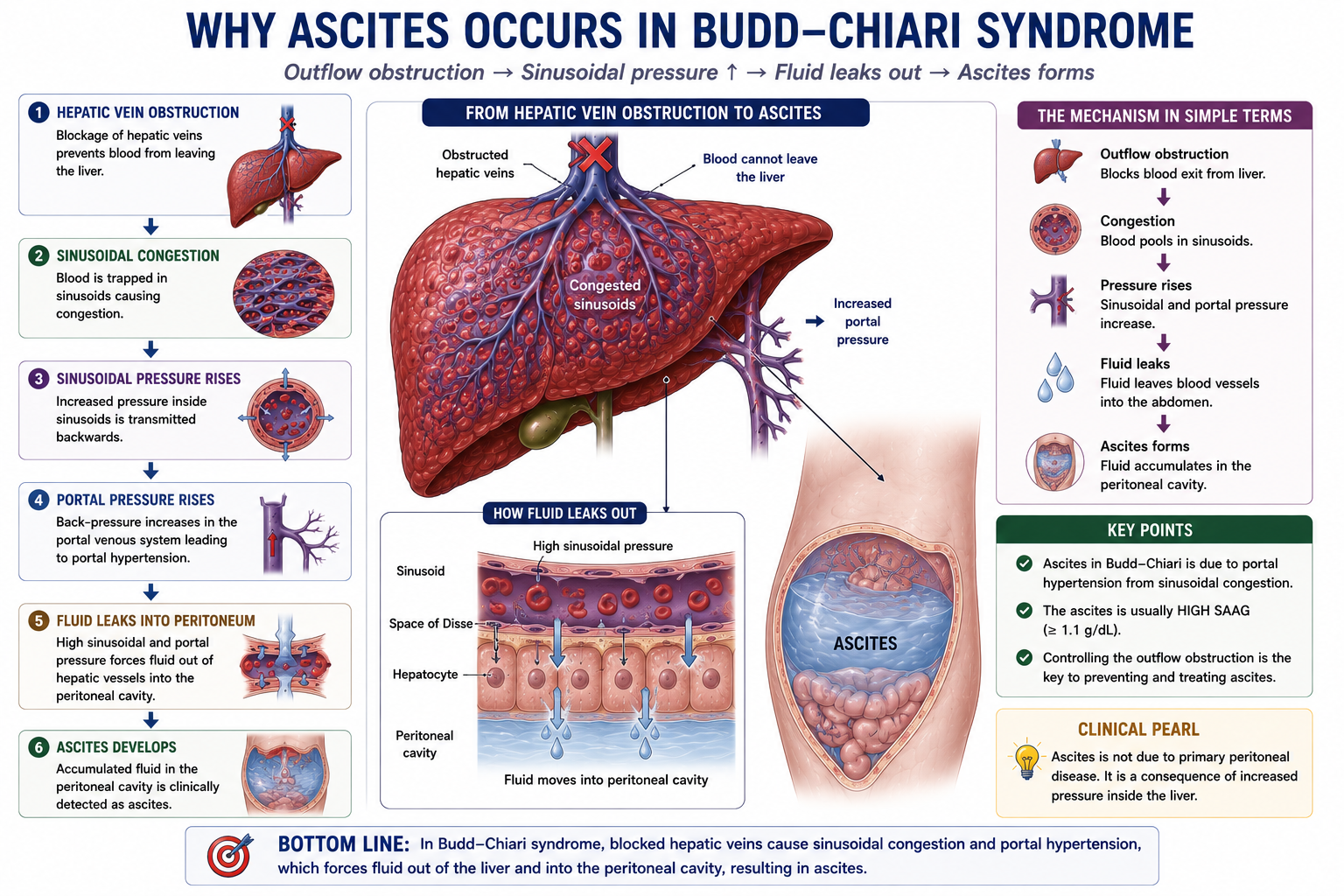 Mechanism of ascites in Budd-Chiari syndrome showing raised sinusoidal pressure and fluid entering the peritoneal cavity