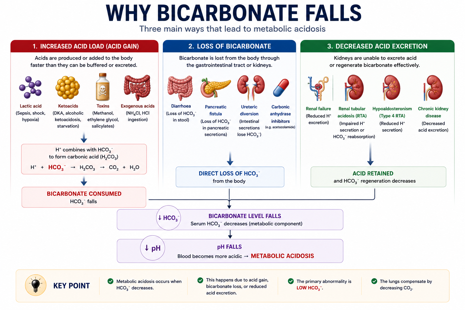 How loss of bicarbonate or gain of acid produces metabolic acidosis