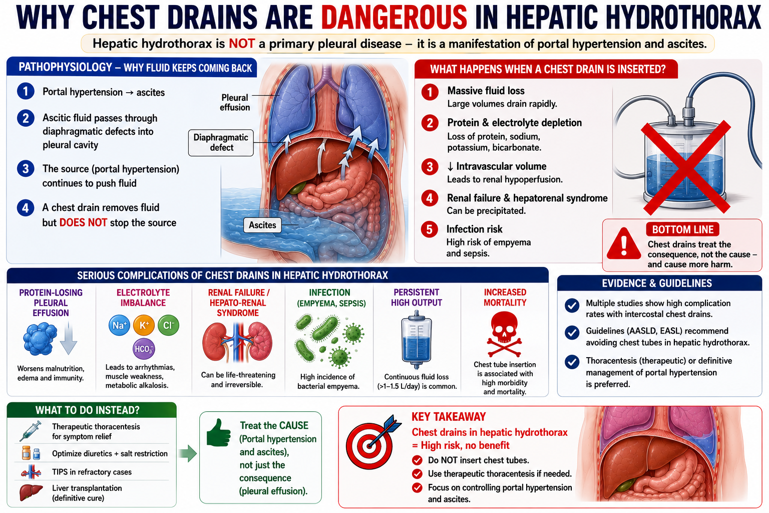 Flowchart showing why chest drains are dangerous in hepatic hydrothorax with continuous drainage causing protein and electrolyte loss renal dysfunction and infection risk leading to high mortality