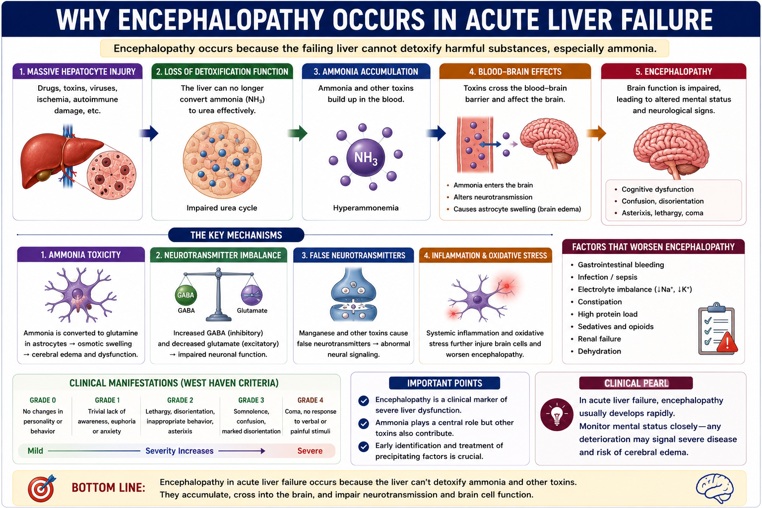Why encephalopathy occurs in acute liver failure due to failed detoxification and ammonia accumulation