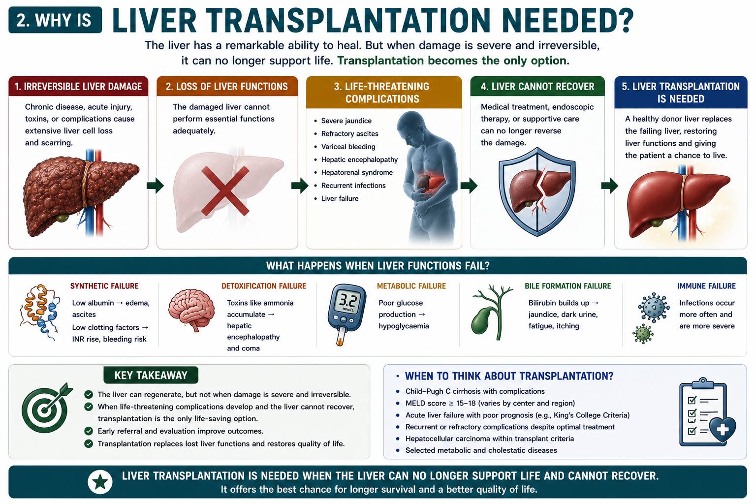 Why liver transplantation is needed showing irreversible liver injury loss of function complications and transplantation