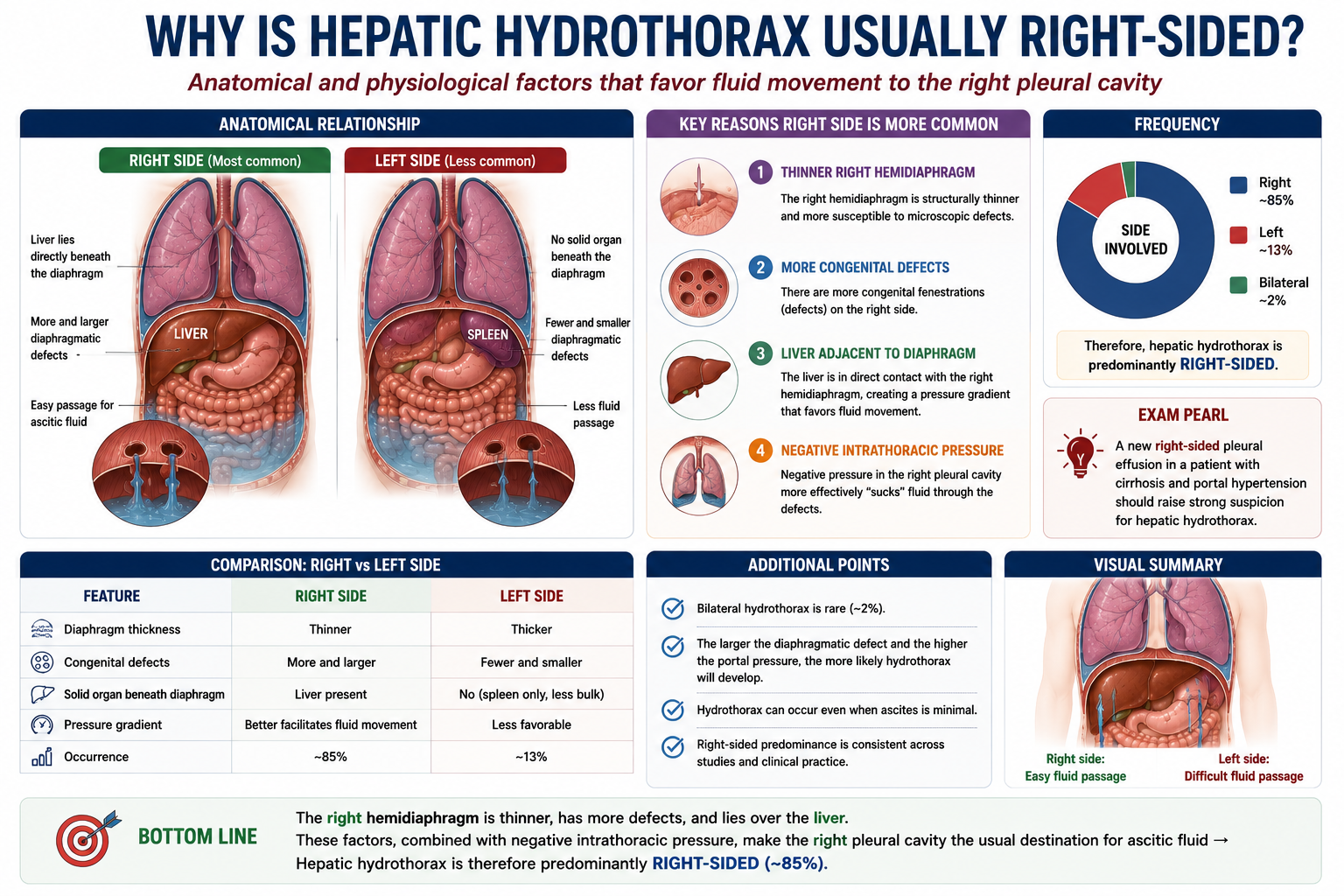 Diagram explaining why hepatic hydrothorax is usually right-sided showing the thinner right hemidiaphragm with more microscopic defects liver lying beneath the right diaphragm and the reinforcing effect of the pericardium on the left diaphragm