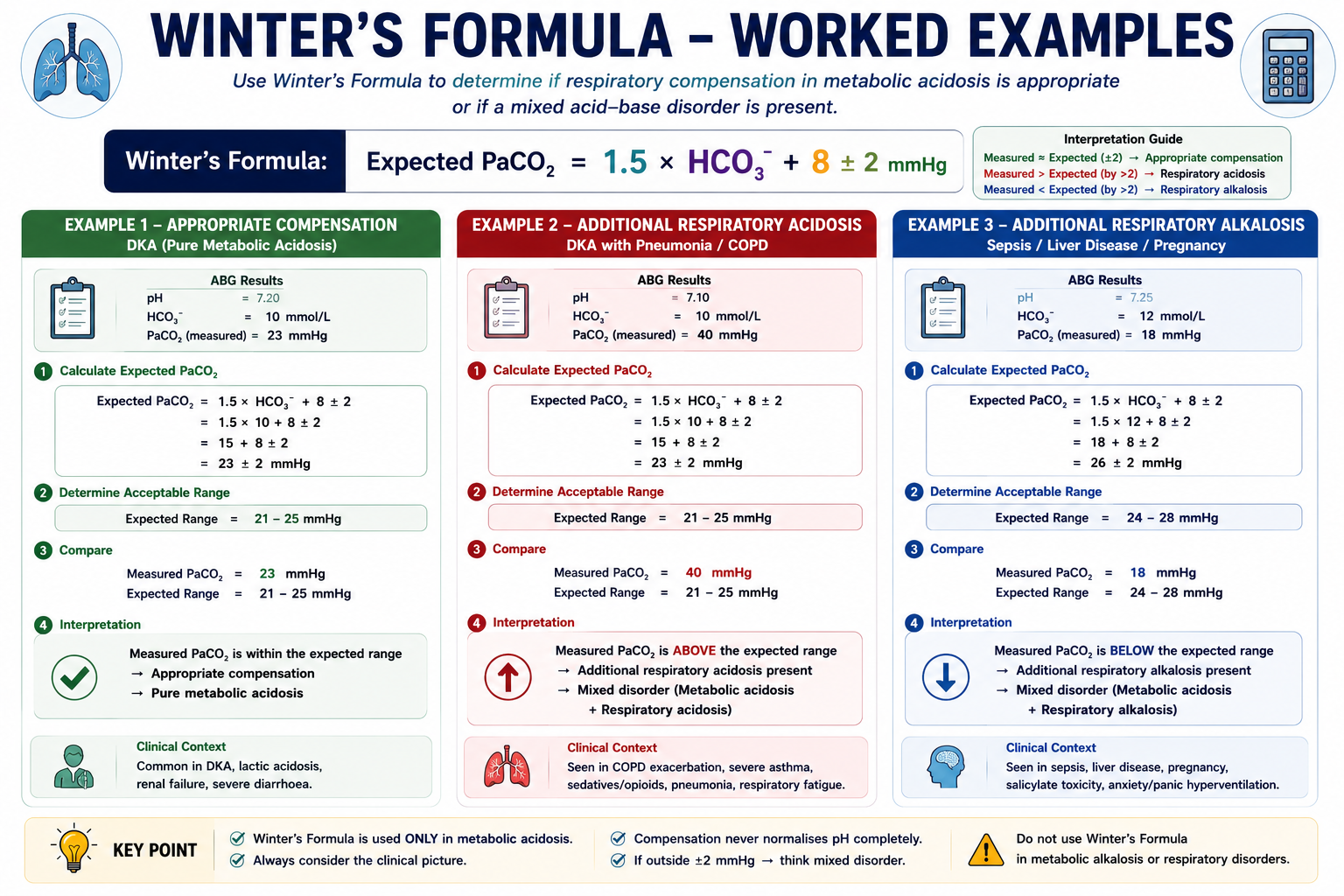 Winter formula worked examples showing DKA pneumonia and sepsis patterns