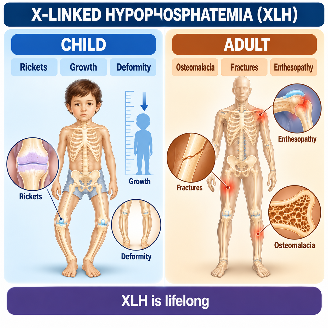 Comparison of childhood XLH with rickets and growth deformity versus adult XLH with osteomalacia, fractures and enthesopathy.